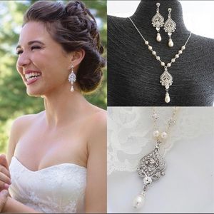 Handmade Bridal Necklace Earrings Set, Sterling Silver, Swarovski Pearl/Crystals